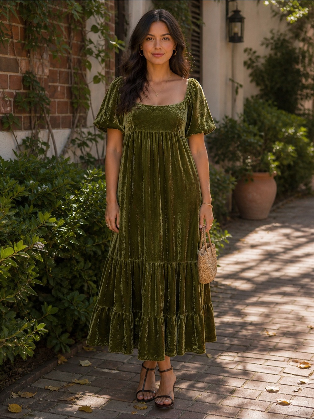 Anthropologie Olive Green Velvet Maxi Dress
